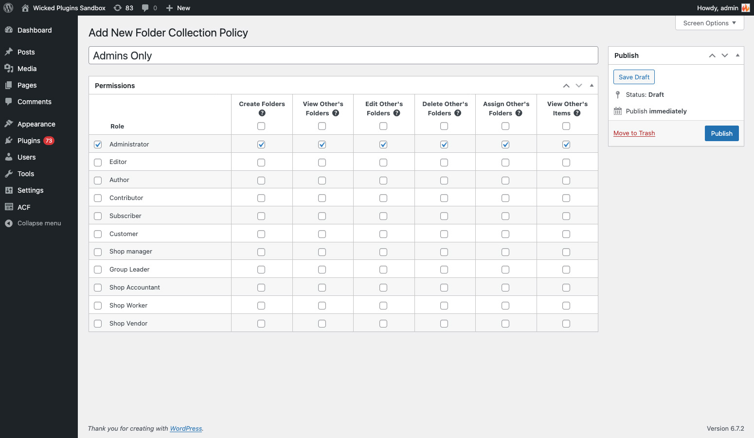 Screenshot showing a folder collection policy